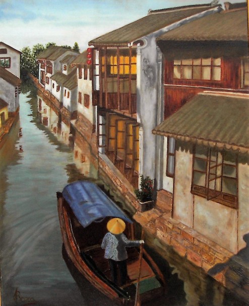 Título: "Paseo por el canal de Zhouzhuang" (China) Técnica: Óleo sobre lienzo Medidas: 61x50